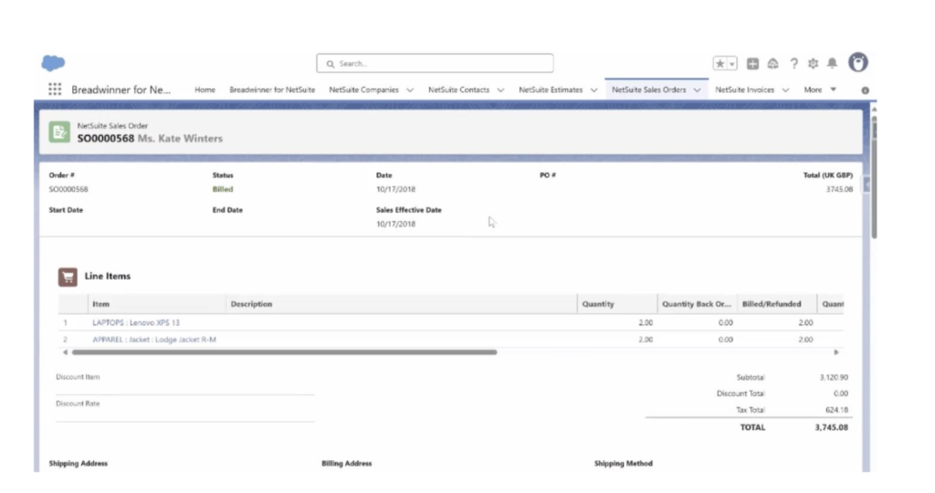 NetSuite Sales Order in Salesforce